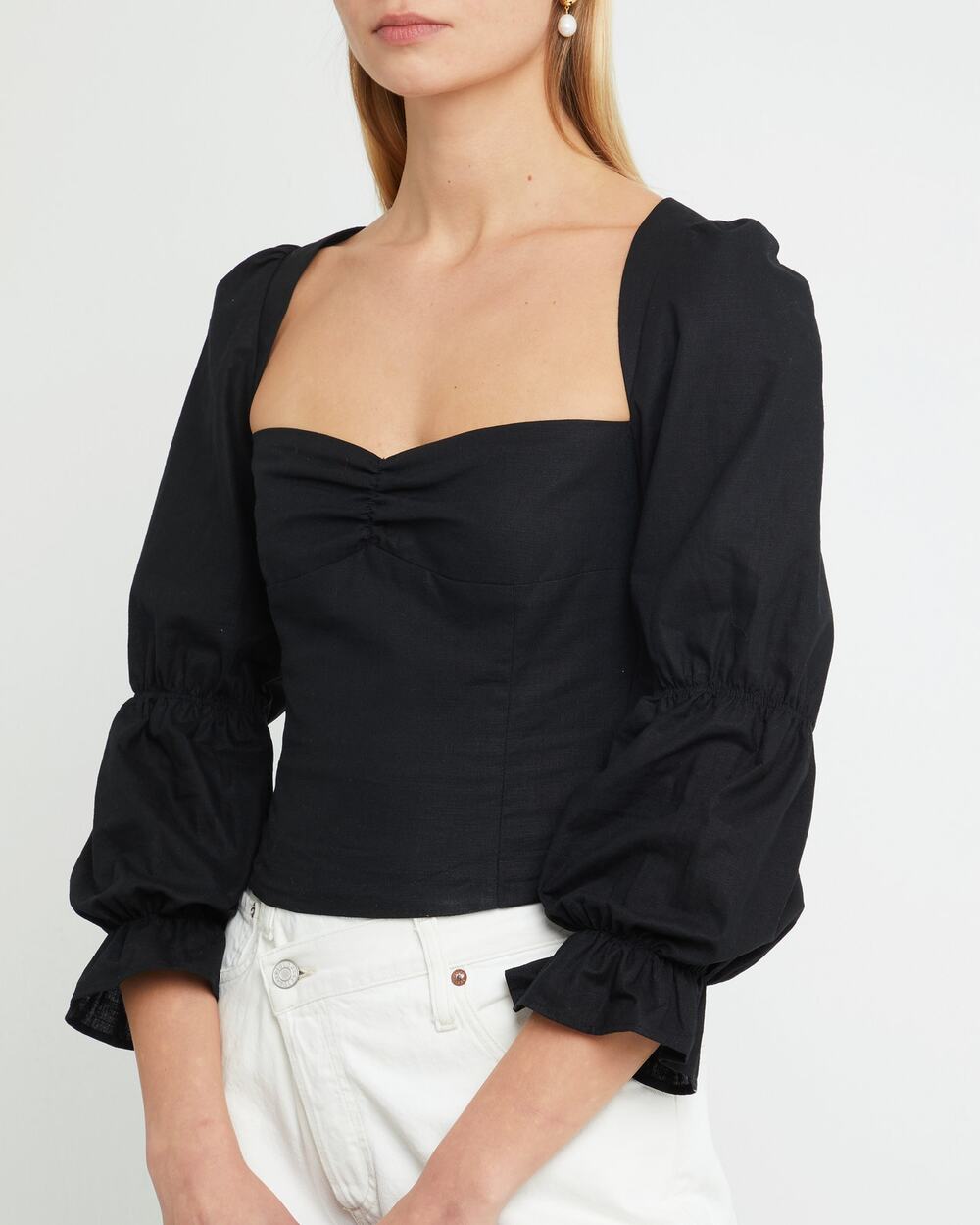 kourt Francesca Linen Cotton Blend Minimalist Casual Sweetheart Blouse Black L